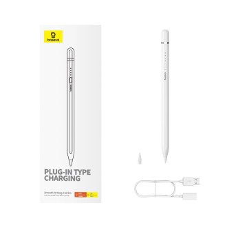 Stylus Baseus Smooth Writing 2 s aktivním hrotem pro iPad + USB-A - Lightning kabel a vyměnitelný hrot - bílý