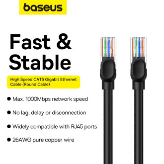 Baseus High Speed ​​​​Cat 5 RJ-45 1000Mb/s Ethernet kabel 3m kulatý - černý