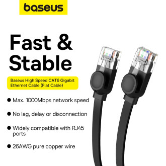 Baseus High Speed ​​​​Cat 6 RJ-45 1000Mb/s Ethernet kabel 20m plochý - černý
