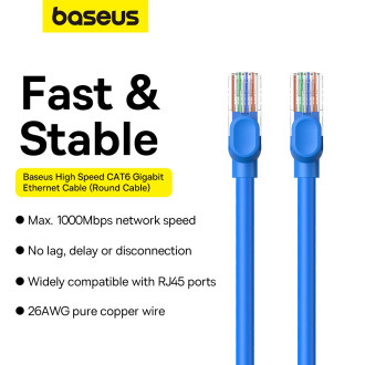 Baseus High Speed ​​​​Cat 6 RJ-45 Ethernet kabel 1000 Mb/s 0,5 m kulatý - modrý