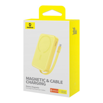 Powerbanka Baseus Magnetic Mini MagSafe 10000mAh 30W s vestavěným Lightning kabelem - žlutá + Baseus Simple Series USB-C - USB-C 60W 0,3m kabel