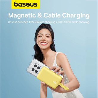 Powerbanka Baseus Magnetic Mini MagSafe 10000mAh 30W s vestavěným Lightning kabelem - žlutá + Baseus Simple Series USB-C - USB-C 60W 0,3m kabel