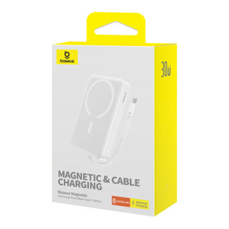 Powerbanka Baseus Magnetic Mini MagSafe 10000mAh 30W s vestavěným Lightning kabelem - bílá + Baseus Simple Series USB-C - USB-C 60W 0,3m kabel