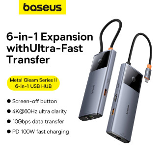 USB HUB 6v1 Baseus Metal Gleam Series II USB-A/USB-C/USB-C PD/HDMI/RJ45/SD/TF - černý
