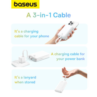 Powerbanka Baseus Magnetic Mini MagSafe 10000mAh 20W s vestavěným Lightning kabelem - bílá + Baseus Simple Series USB-C - USB-C 60W 0,3m kabel
