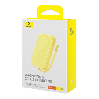 Powerbanka Baseus Magnetic Mini MagSafe 10000mAh 20W s vestavěným Lightning kabelem - žlutá + Baseus Simple Series USB-C - USB-C 60W 0,3m kabel