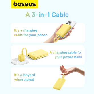 Powerbanka Baseus Magnetic Mini MagSafe 10000mAh 20W s vestavěným Lightning kabelem - žlutá + Baseus Simple Series USB-C - USB-C 60W 0,3m kabel