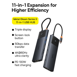 USB HUB 11v1 Baseus Metal Gleam Series II USB-A/USB-C PD/HDMI/DP/RJ45/SD/TF - černý