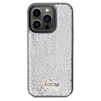 Guess Sequin Script Kovové pouzdro pro iPhone 14 Pro Max - stříbrné