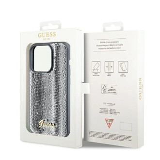 Guess Sequin Script Kovové pouzdro pro iPhone 14 Pro Max - stříbrné