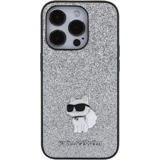 Pouzdro s kovovým kolíkem Karl Lagerfeld s pevným třpytivým logem Choupette pro iPhone 15 Pro – stříbrné