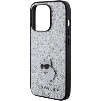 Pouzdro s kovovým kolíkem Karl Lagerfeld s pevným třpytivým logem Choupette pro iPhone 15 Pro – stříbrné