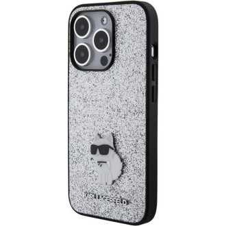 Karl Lagerfeld Fixed Glitter Choupette Logo Metal Pin Case pro iPhone 15 Pro Max – stříbrný