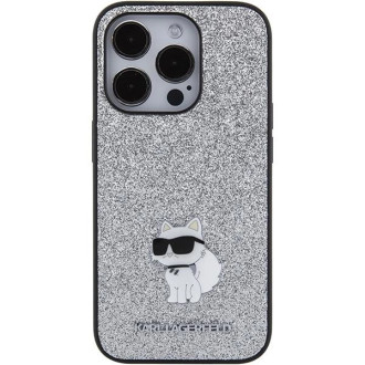 Karl Lagerfeld Fixed Glitter Choupette Logo Metal Pin Case pro iPhone 15 Pro Max – stříbrný