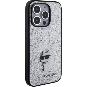 Karl Lagerfeld Fixed Glitter Choupette Logo Metal Pin Case pro iPhone 15 Pro Max – stříbrný