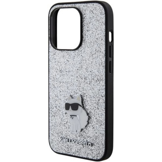 Karl Lagerfeld Fixed Glitter Choupette Logo Metal Pin Case pro iPhone 15 Pro Max – stříbrný