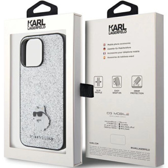 Karl Lagerfeld Fixed Glitter Choupette Logo Metal Pin Case pro iPhone 15 Pro Max – stříbrný