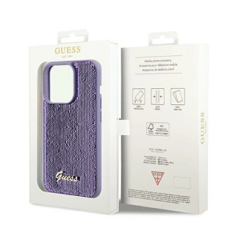 Guess Sequin Script Kovové pouzdro pro iPhone 14 Pro - fialové
