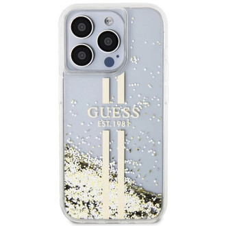 Pouzdro Guess Liquid Glitter Gold Stripes pro iPhone 15 Pro - průhledné