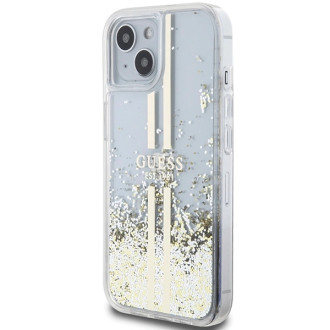 Pouzdro Guess Liquid Glitter Gold Stripes pro iPhone 15 Plus / 14 Plus - průhledné