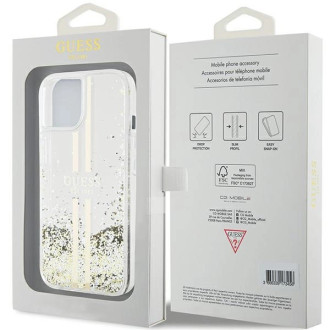 Pouzdro Guess Liquid Glitter Gold Stripes pro iPhone 15 / 14 / 13 - průhledné