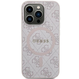 Guess 4G Collection kožené kovové logo MagSafe pouzdro pro iPhone 13 Pro / iPhone 13 – růžové