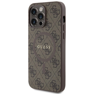 Guess 4G kolekce kožené kovové logo MagSafe pouzdro pro iPhone 13 Pro / iPhone 13 – hnědé