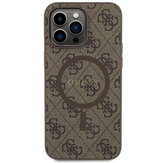 Guess 4G kolekce kožené kovové logo MagSafe pouzdro pro iPhone 13 Pro / iPhone 13 – hnědé