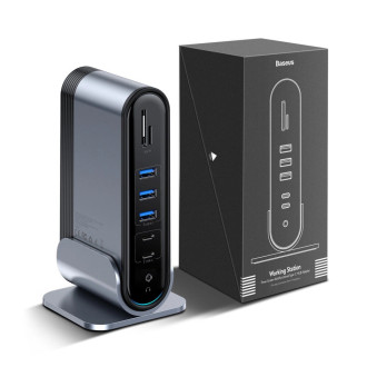 Baseus multifunkční HUB 3x USB 3.2 Gen 1 / 2x USB 2.0 / 2x USB Type C / čtečka karet SD a micro SD / AUX / 3x HDMI / RJ45 1Gbps napájení 100 W (zástrč