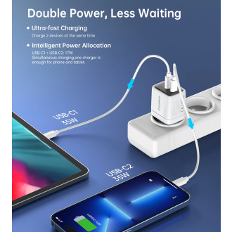 Choetech PD6051 2x USB-C PD 35W GaN nástěnná nabíječka s displejem - bílá