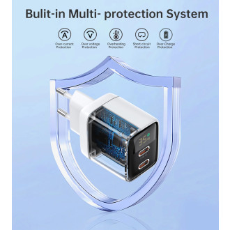 Choetech PD6051 2x USB-C PD 35W GaN nástěnná nabíječka s displejem - bílá