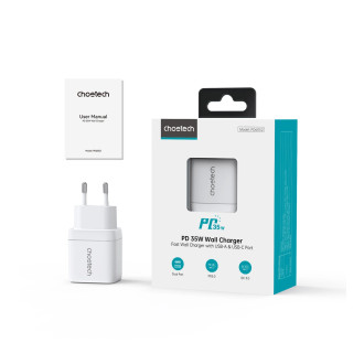 Choetech PD6052 USB-C USB-A PD 35W GaN nástěnná nabíječka s displejem - bílá