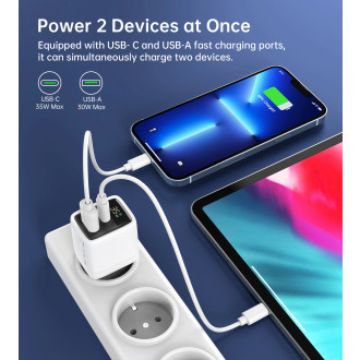Choetech PD6052 USB-C USB-A PD 35W GaN nástěnná nabíječka s displejem - bílá