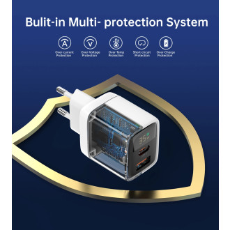 Choetech PD6052 USB-C USB-A PD 35W GaN nástěnná nabíječka s displejem - bílá
