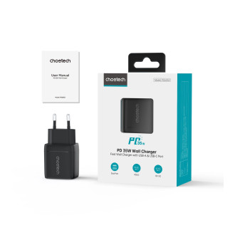 Choetech PD6052 USB-C USB-A PD 35W GaN nástěnná nabíječka s displejem - černá