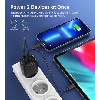 Choetech PD6052 USB-C USB-A PD 35W GaN nástěnná nabíječka s displejem - černá