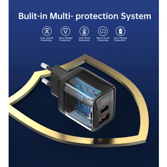 Choetech PD6052 USB-C USB-A PD 35W GaN nástěnná nabíječka s displejem - černá