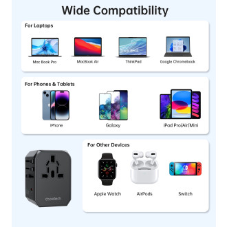 Choetech PD6041 USB-C USB-A PD 30W cestovní nabíječka se 4 zástrčkami US EU UK AU – černá