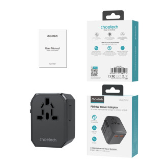 Choetech PD6041 USB-C USB-A PD 30W cestovní nabíječka se 4 zástrčkami US EU UK AU – černá