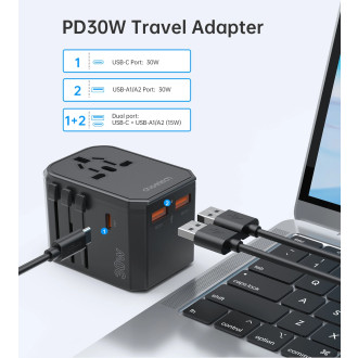 Choetech PD6041 USB-C USB-A PD 30W cestovní nabíječka se 4 zástrčkami US EU UK AU – černá