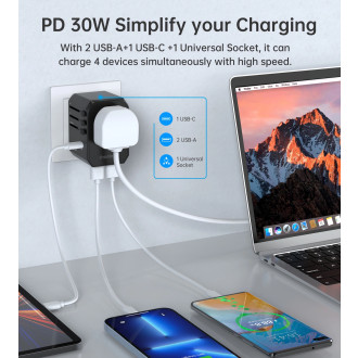 Choetech PD6041 USB-C USB-A PD 30W cestovní nabíječka se 4 zástrčkami US EU UK AU – černá