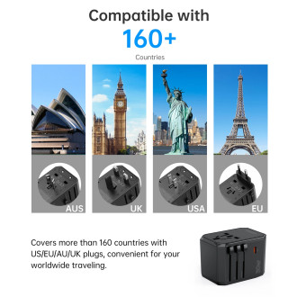 Choetech PD6041 USB-C USB-A PD 30W cestovní nabíječka se 4 zástrčkami US EU UK AU – černá
