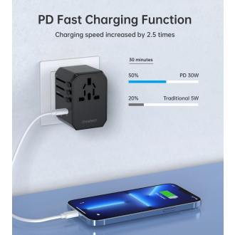 Choetech PD6041 USB-C USB-A PD 30W cestovní nabíječka se 4 zástrčkami US EU UK AU – černá