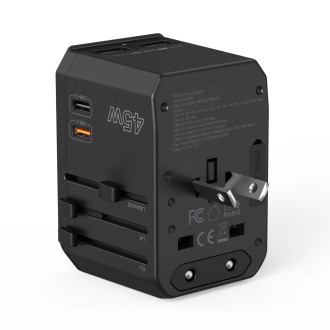 Choetech PD6045 USB-C USB-A 45W GaN cestovní nabíječka se zástrčkami US EU UK AU – černá