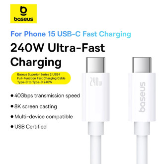 Baseus CB000068 USB-C - USB-C kabel 240W PD 8K 60Hz 1m - bílý
