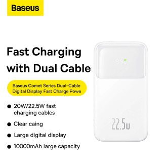 Powerbanka Baseus Comet Series s displejem 10000mAh 22,5W - bílá + USB-A - USB-C 0,3m kabel - bílá