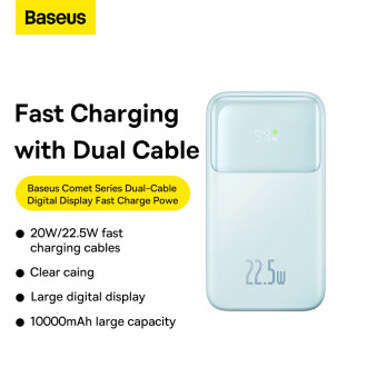 Powerbanka Baseus Comet Series s displejem 10000mAh 22,5W - modrá + USB-A - USB-C kabel 0,3m - bílá