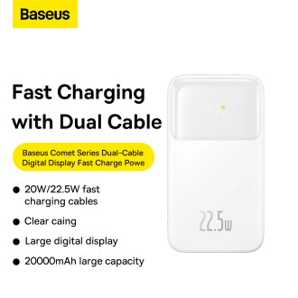 Powerbanka Baseus Comet Series s displejem 20000mAh 22,5W - bílá + USB-A - USB-C kabel 0,3m - bílá
