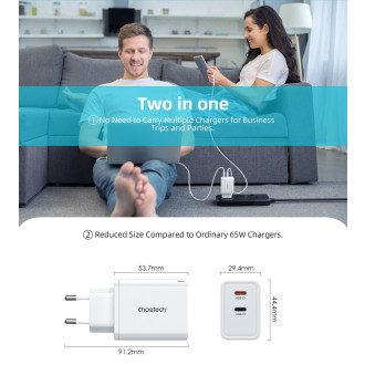 Choetech PD6013 2x USB-C PD 65W GaN nástěnná nabíječka - bílá