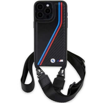 Pouzdro BMW M Edition Carbon Tricolor Lines &amp; Strap pro iPhone 15 Pro - černé